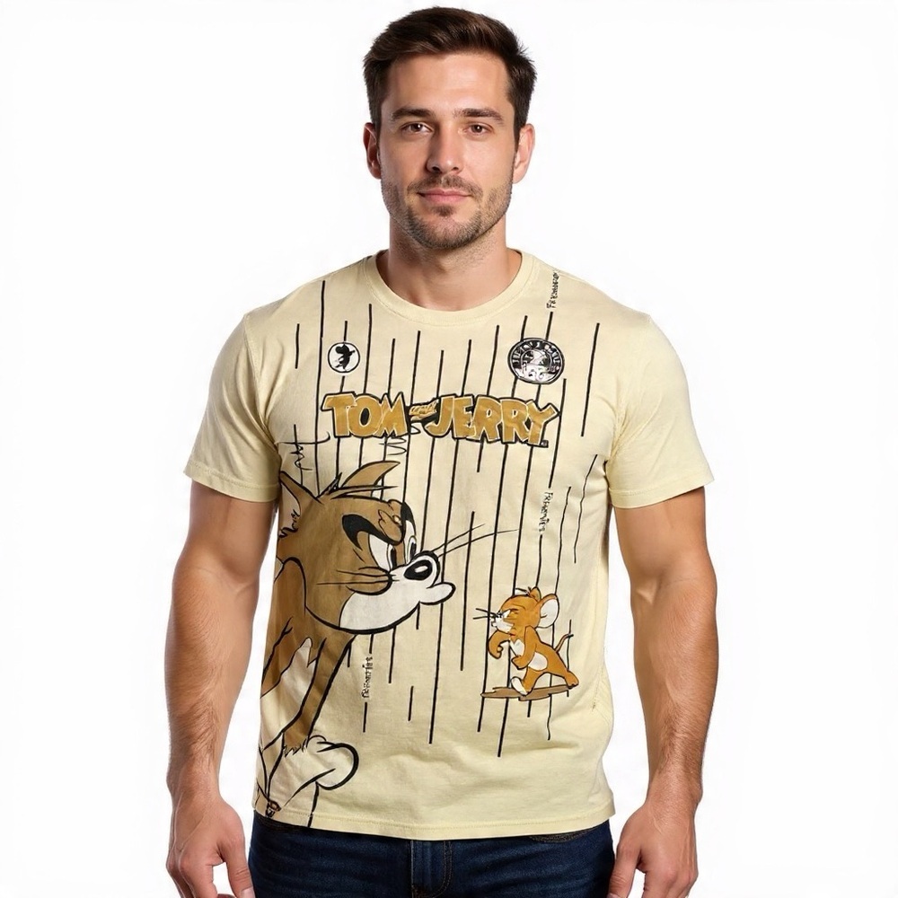 Tom and Jerry Frenemies Cotton Graphic Tee Cream Sz XL